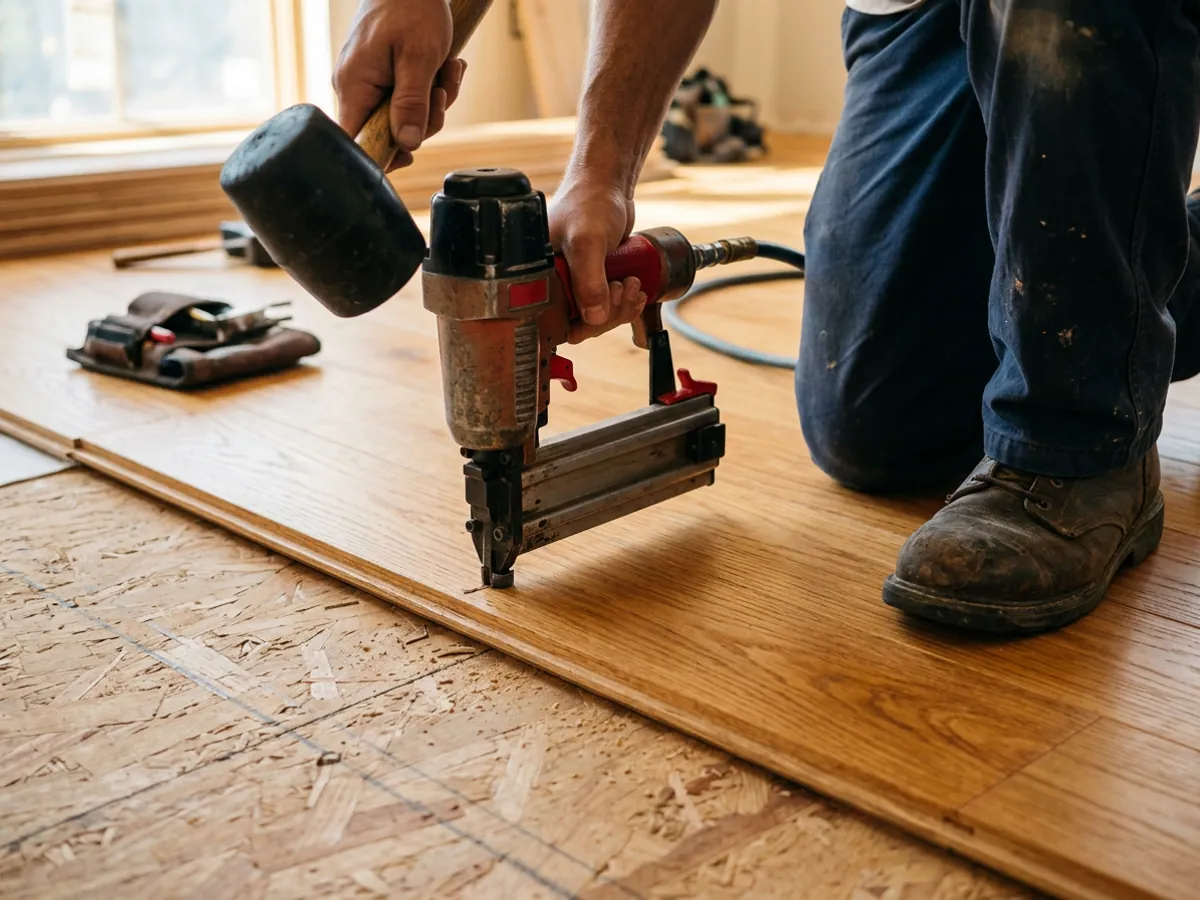 Solid hardwood boards being blind nailed to a wood subfloor