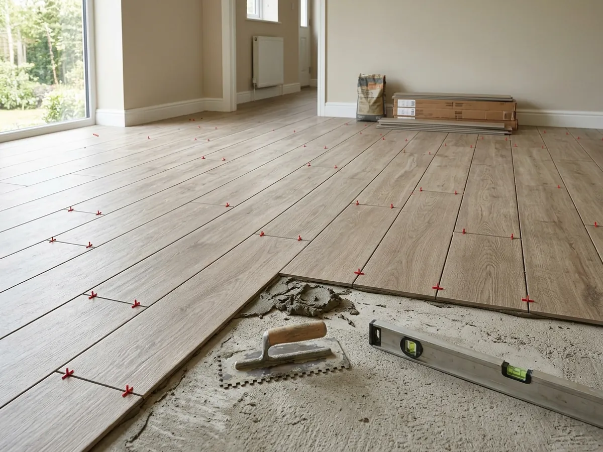 Large format porcelain tile set with spacers on a prepared floor